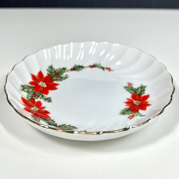 Vintage Lefton Christmas Poinsettia Pattern Fruit Dessert Bowl Gold Trim - Picture 6 of 10